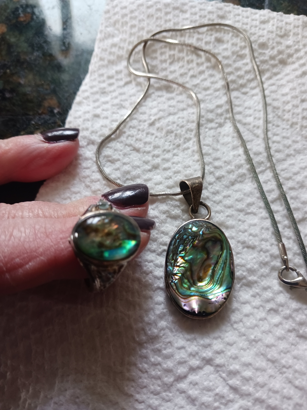 Sterling Silver Iridescent Abalone Pendant Necklace in Green and Blue Tones